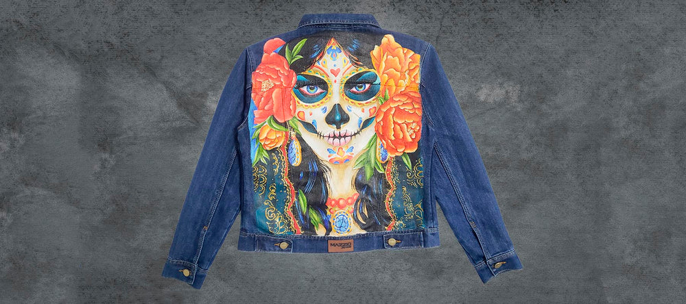 Chaqueta para mujer en jean pintada a mano