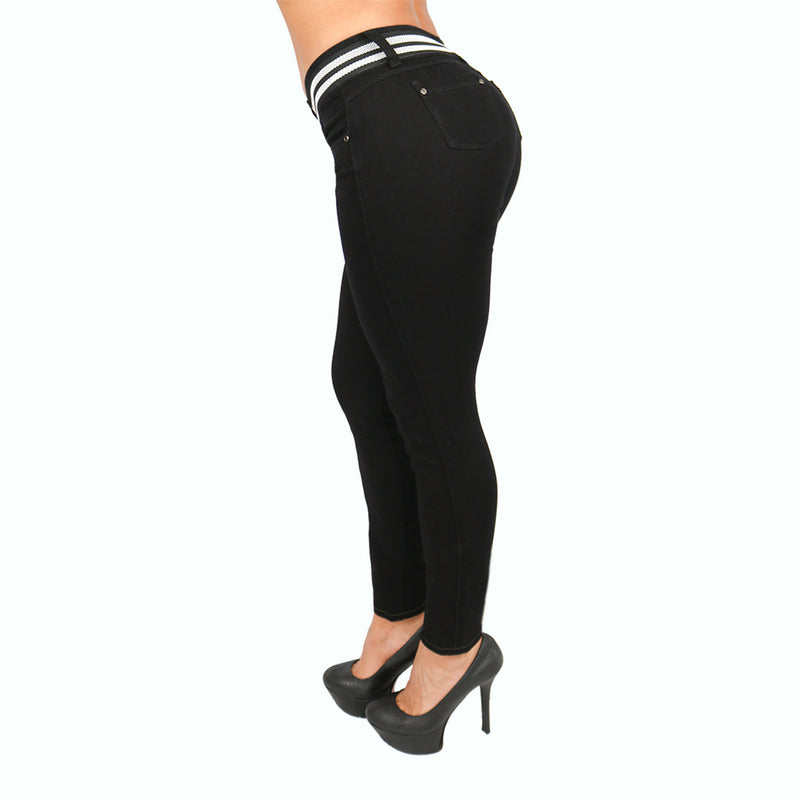 Jean mujer licrado negro con aplique en pretina