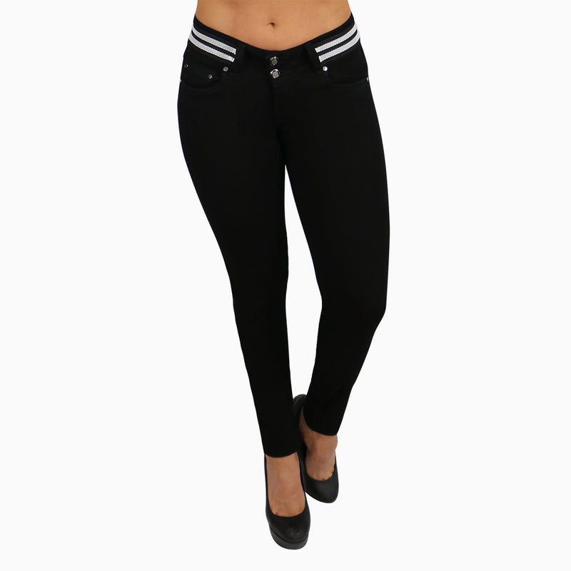 Jean mujer licrado negro con aplique en pretina