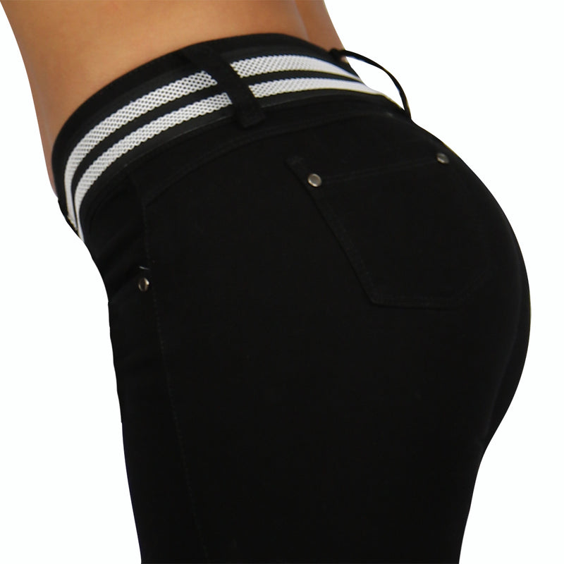 Jean mujer licrado negro con aplique en pretina